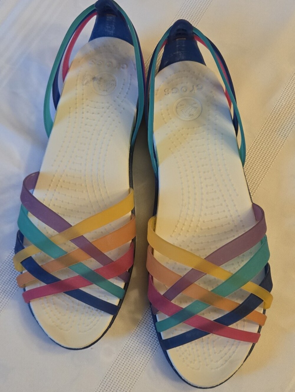 Like New Crocs Women's Multi-Color Strappy Sandal - White Footbed